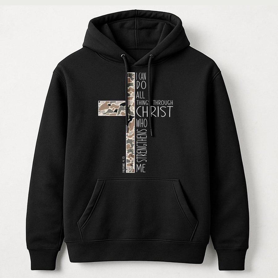 Philippians 4:13 Camo Cross Hoodie | Christian Bible Verse Graphic | Premium Cotton Blend | Faith-Based Religious Gift for Women & Men