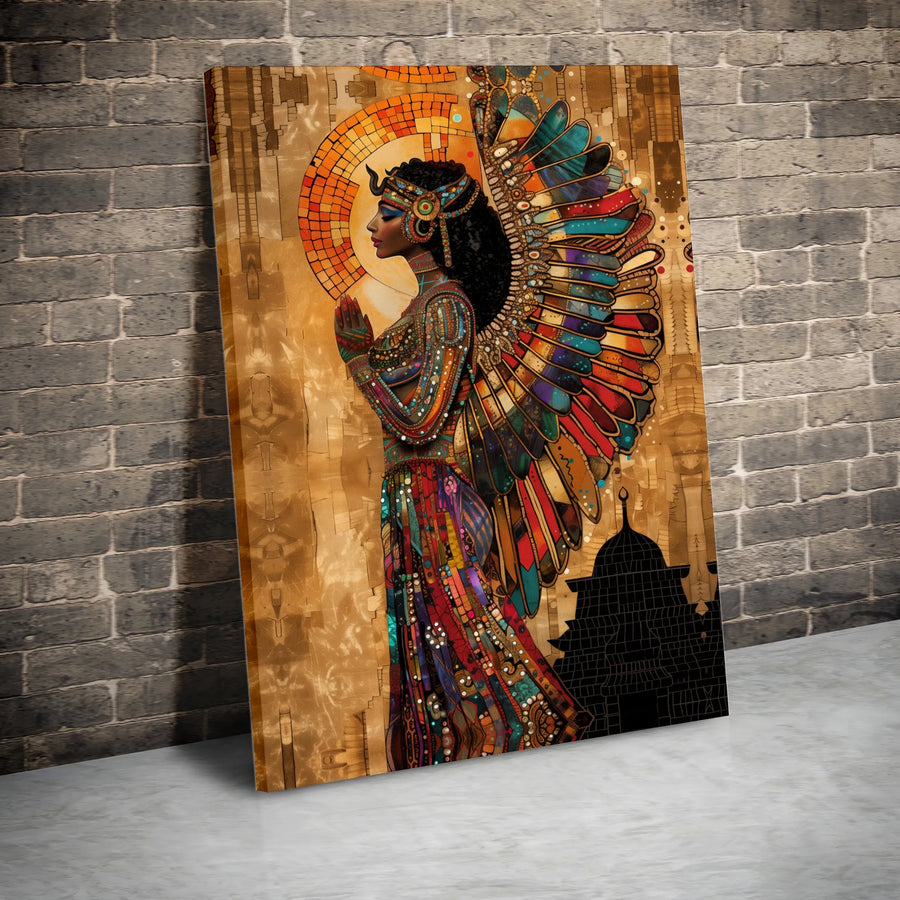 Afrocentric Goddess Canvas Wall Art | Vibrant Winged Woman Mosaic Print | Premium Thick Gallery Wrap | Spiritual Home Decor Gift