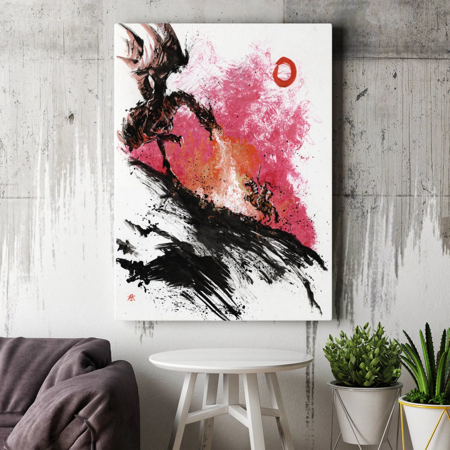 Dragon Slayer Canvas Wall Art | Japanese Ink Wash Style Knight Battle | Premium 1.25" Gallery Wrap | Fantasy Epic Decor Gift