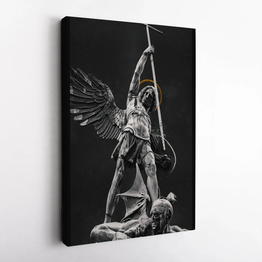 Saint Michael The Archangel Canvas | Archangel Michael Defeating Satan Art | 1.25" Gallery Wrap Premium Print | Religious Home Decor Gift