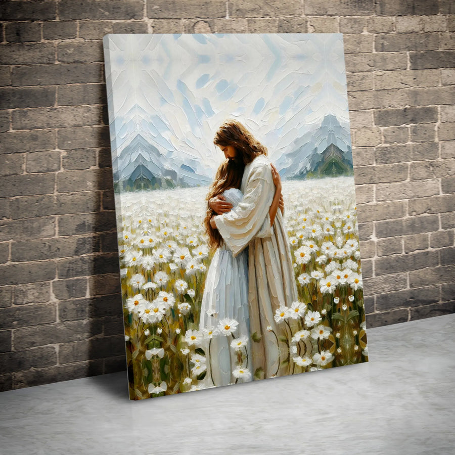 Jesus Embracing Girl Canvas Print | Religious Daisy Field Wall Art | Premium Gallery-Wrapped 1.25" Profile | Christian Home Decor Gift