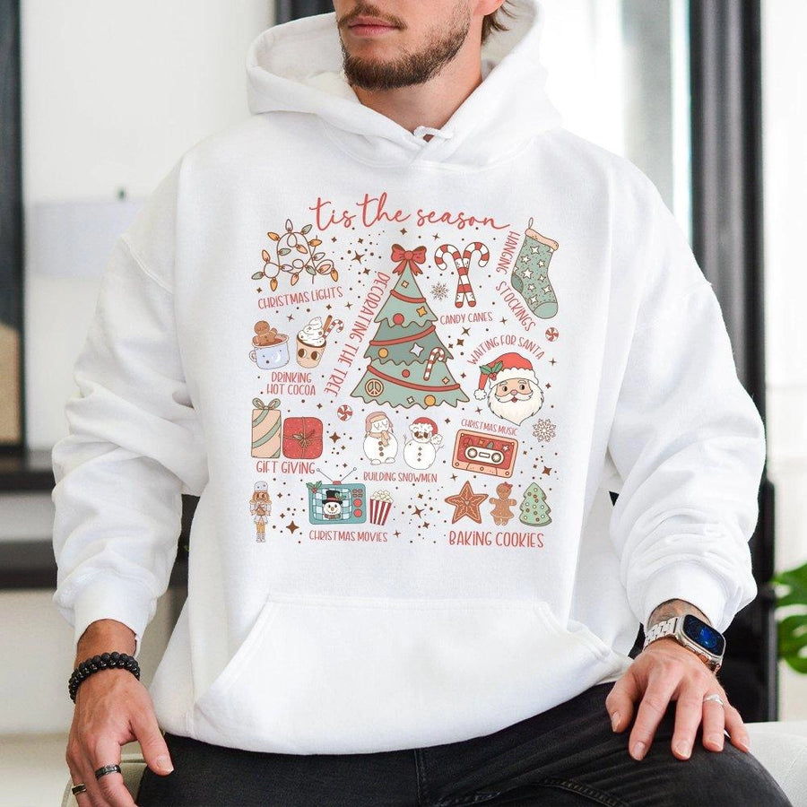 Tis The Season Christmas Hoodie | Festive Holiday Icons Graphic Print | Premium Cotton-Poly Blend | Cozy Unisex Gift for Christmas Lovers