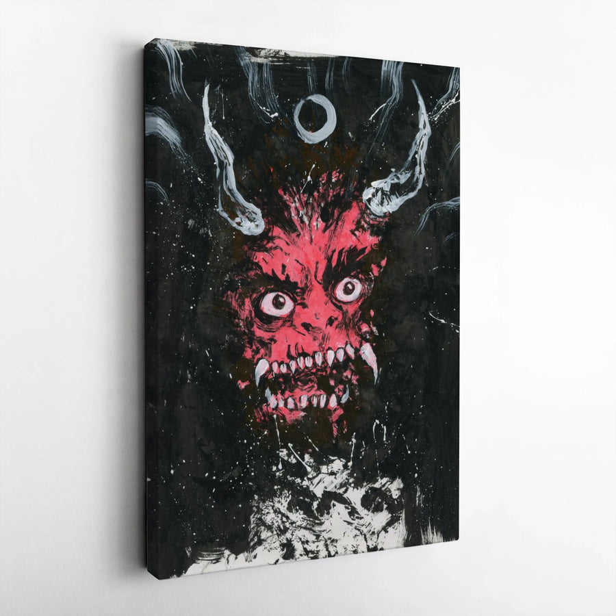 Red Demon Canvas Wall Art | Abstract Horror Oni Mask Splatter Print | Gallery Wrapped Premium Decor | Gothic Home & Office Gift