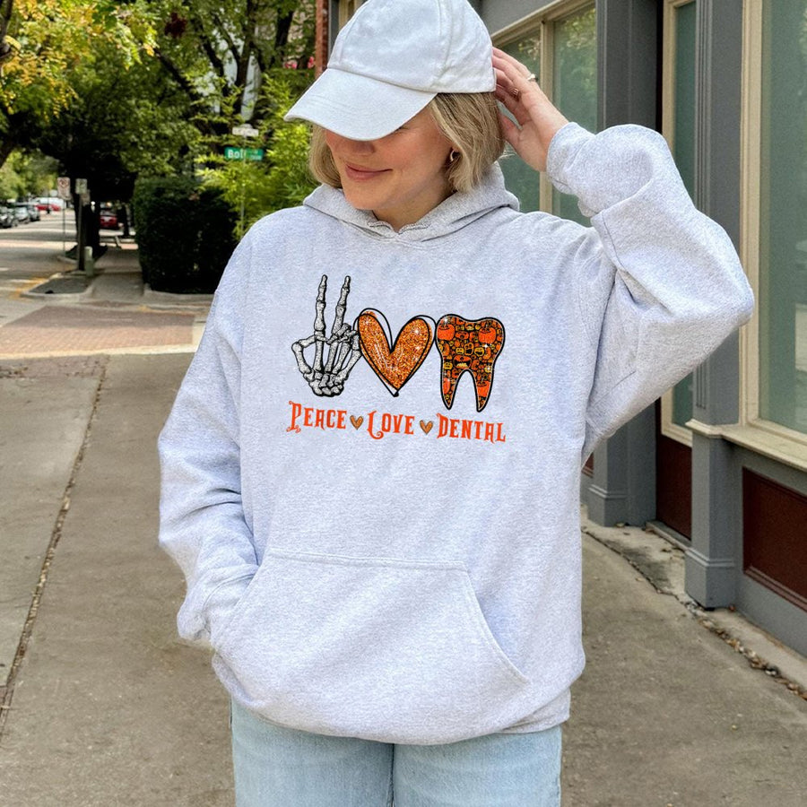 Peace Love Dental Hoodie | Spooky Halloween Dentist Gift | Premium Cotton Blend | Unisex Dental Hygienist and Assistant Apparel