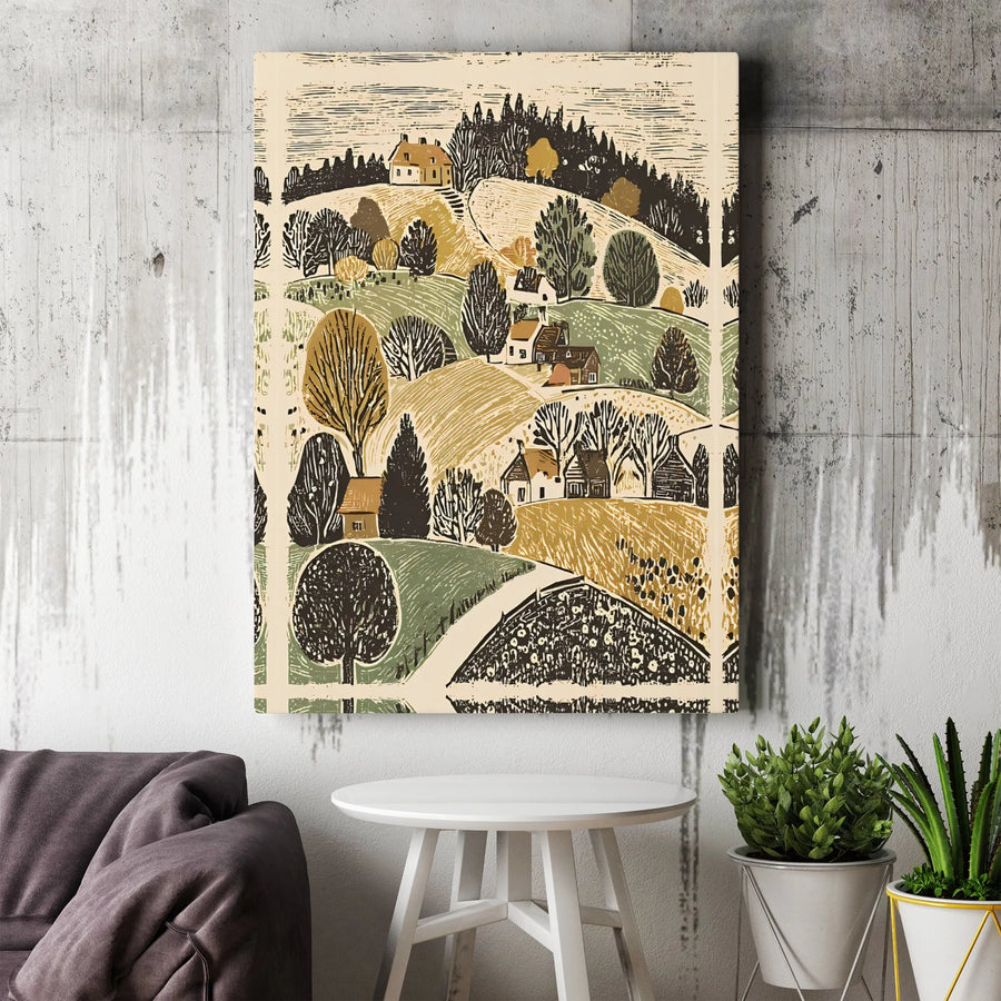 Rustic Countryside Canvas Print | Linocut Style Rolling Hills Art | Premium Gallery Wrapped Canvas | Farmhouse Living Room Decor Gift