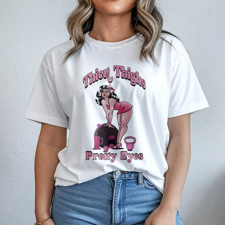 Thick Thighs Pretty Eyes Gym T-Shirt | Retro Pinup Girl Workout Graphic | Premium Soft Cotton Tee | Funny Fitness Gift for Her