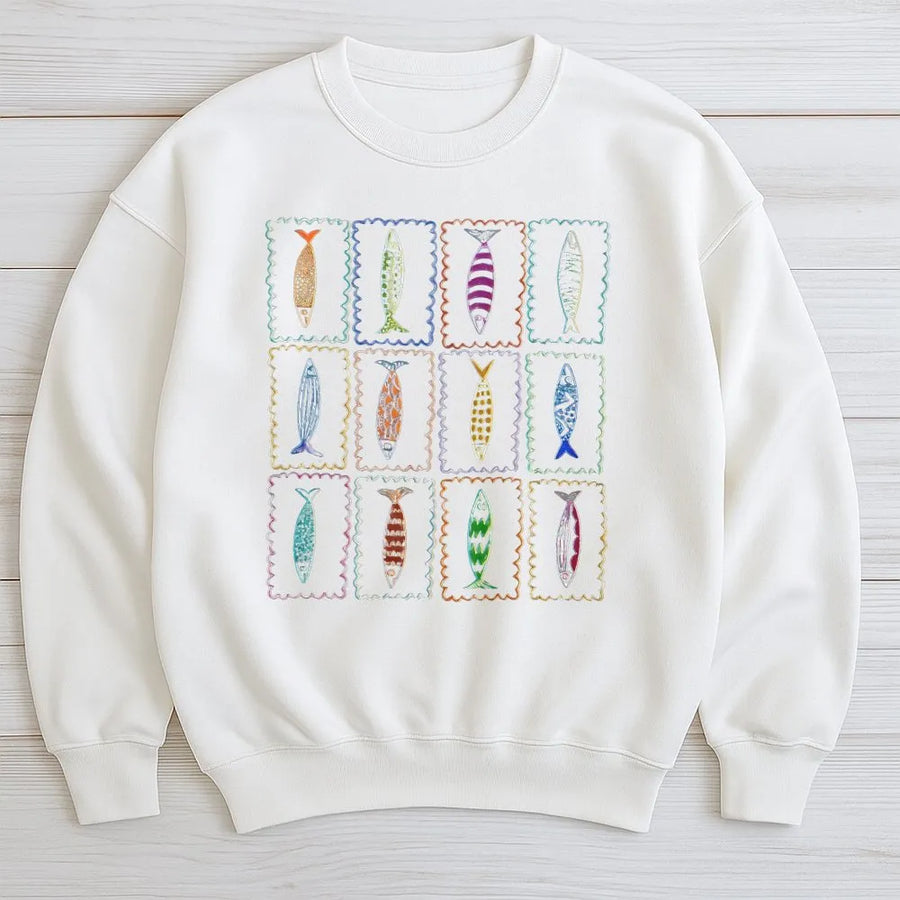 Sardine Fish Sweatshirt | Colorful Fish Stamp Collector Graphic | Soft Cotton-Blend Pullover | Gift for Ocean Lover