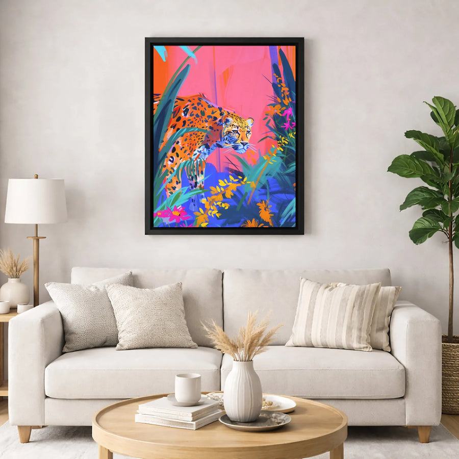 Vibrant Jungle Jaguar Canvas Art | Colorful Tropical Big Cat Wall Decor | Premium Fade-Resistant Gallery Wrap | Modern Wildlife Gift for Home