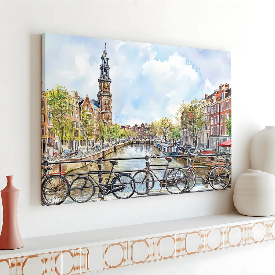 Amsterdam Canal Painting Canvas | Watercolor Cityscape With Bicycles | Premium Gallery Wrap Wall Art | Travel Gift For Home Office Decor