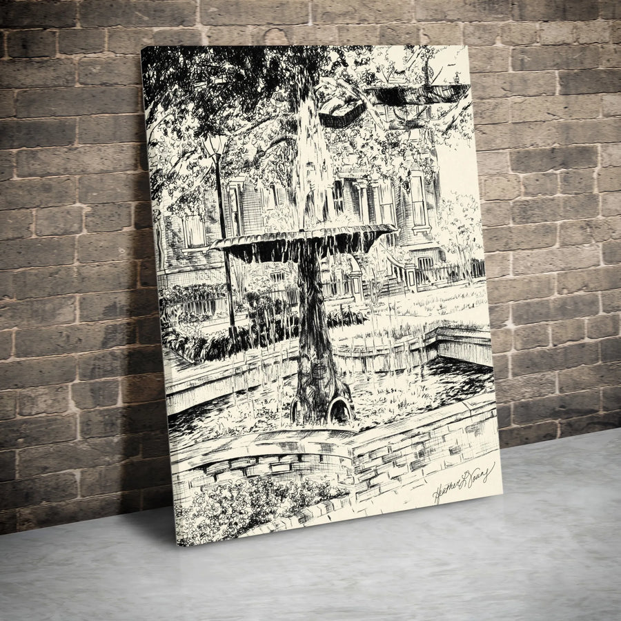 Columbia Square Savannah Canvas Print | Pen & Ink Sketch Wall Art | Premium 1.25" Thick Profile | Unique Georgia Souvenir Gift for Travelers