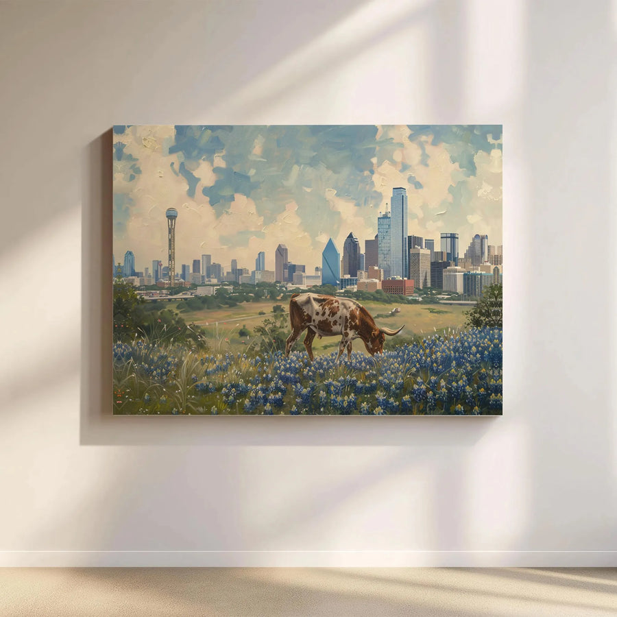 Dallas Skyline Canvas Print | Texas Longhorn Grazing in Bluebonnets | 1.25" Gallery Wrap Wall Art | Premium Texas Decor Gift