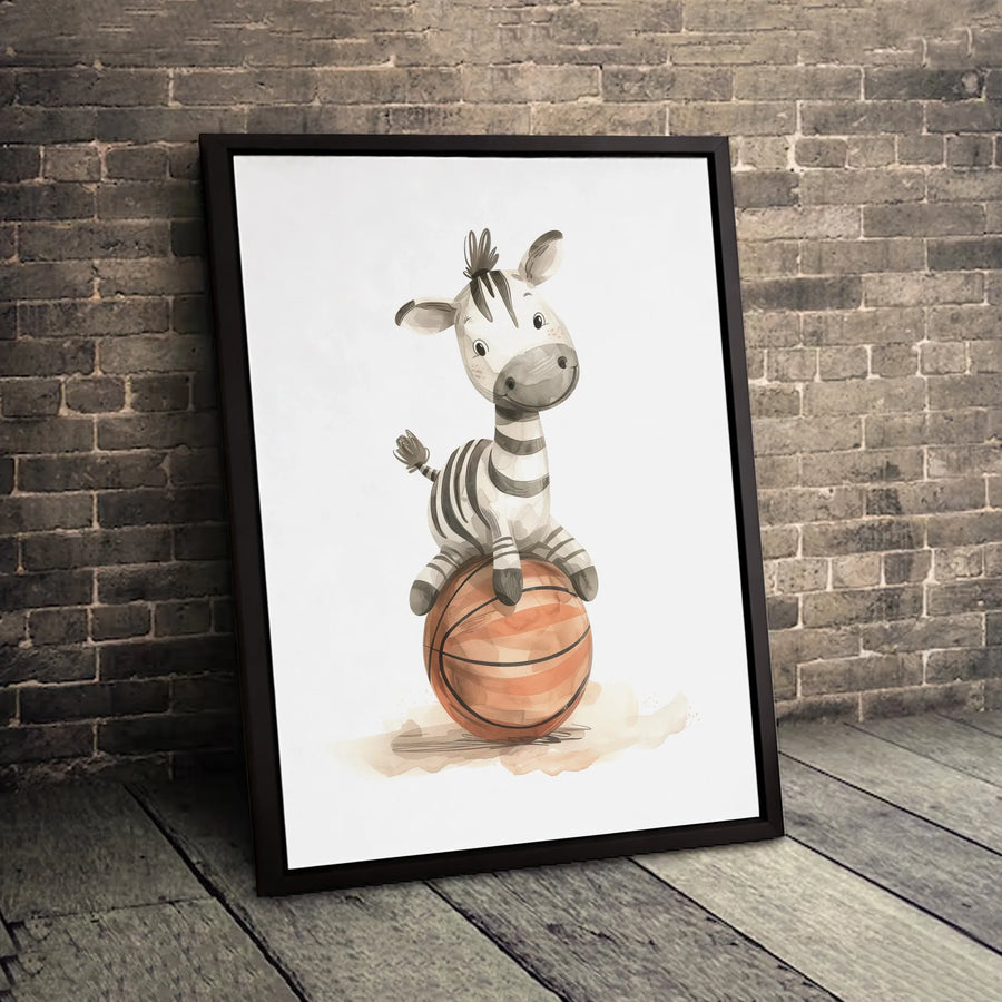 Baby Zebra Basketball Wall Art | Watercolor Safari Animal Nursery Decor | Gallery Wrap Canvas Print | Premium Sports Themed Baby Room Gift