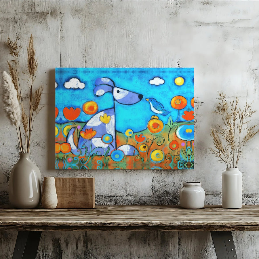 Whimsical Dog and Bird Wall Art | Colorful Folk Art Style Canvas | Premium Fade-Resistant Print | Nursery and Kids Room Decor Gift
