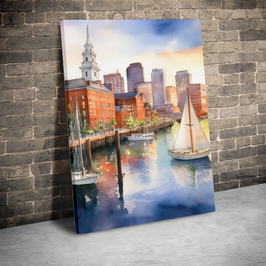 Boston Harbor Watercolor Vertical Canvas | Scenic Sailboat & City Skyline Wall Art | Premium 1.25" Frameless Gallery Wrap | Coastal Home Office Decor Gift