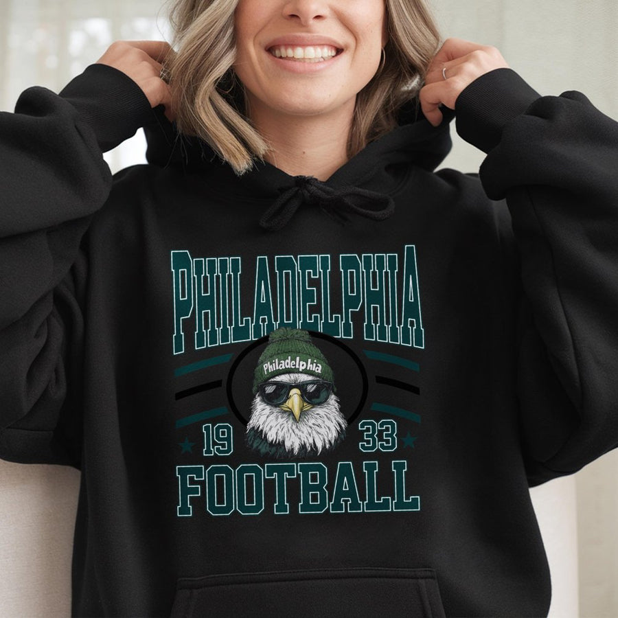 Philadelphia 1933 Football With Bald Eagle Mascot In Beanie And Sunglasses Hoodie