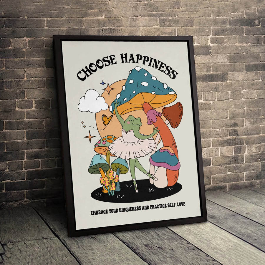 Choose Happiness Frog Mushroom Canvas | Retro Cottagecore Wall Art | Premium 1.25-Inch Gallery Wrap | Inspiring Aesthetic Decor Gift for Her