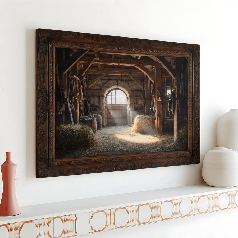 Rustic Barn Canvas Wall Art | Sunlit Hayloft Painting Print with Faux Ornate Frame | Premium Fade-Resistant Canvas | Farmhouse Decor Gift