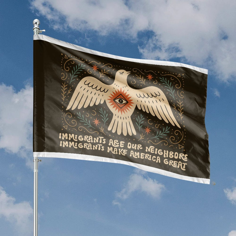 Immigrants Are Neighbors House Flag | Folk Art Dove Social Justice Banner | Premium Fade-Resistant Polyester | Outdoor Home Decor & Gift