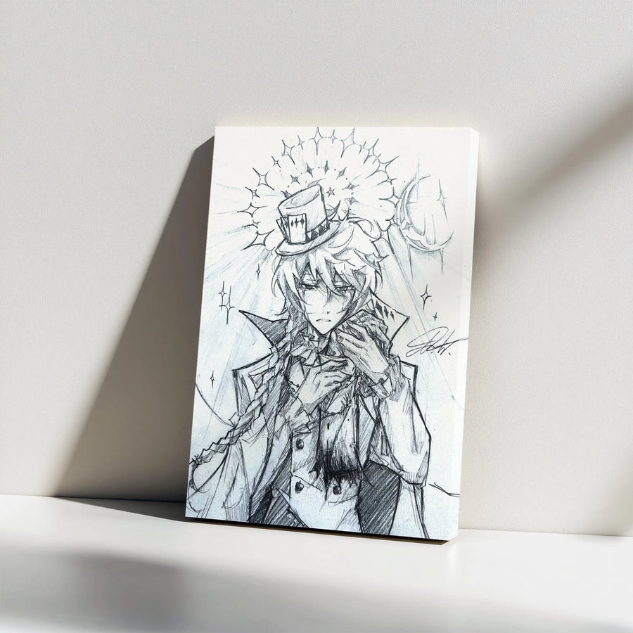 Anime Boy Canvas Wall Art | Pencil Sketch Style Illustration with Top Hat | Gallery Wrap Premium Print | Aesthetic Room Decor Gift for Otaku