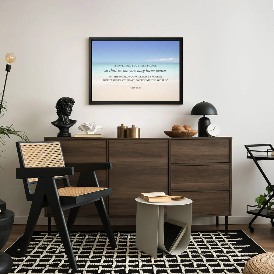 John 16:33 Bible Verse Canvas | Coastal Beach Scenery Wall Art | Premium Fade-Resistant Print | Encouraging Christian Home Decor Gift