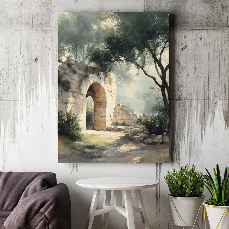 Ancient Ruins Vertical Canvas | Watercolor Stone Archway Painting | Premium Gallery Wrap Wall Art | Living Room Decor Gift for History Lovers