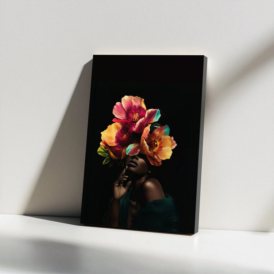 Floral Black Woman Canvas Wall Art | Vibrant Botanical Portrait with Flower Headdress | Premium Thick Gallery Wrap | Modern Afrocentric Home Decor Gift