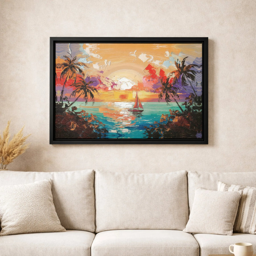 Tropical Sunset Canvas Print | Sailboat Nautical Wall Art | Premium 1.25 Inch Gallery Wrap | Beach House Decor for Living Room