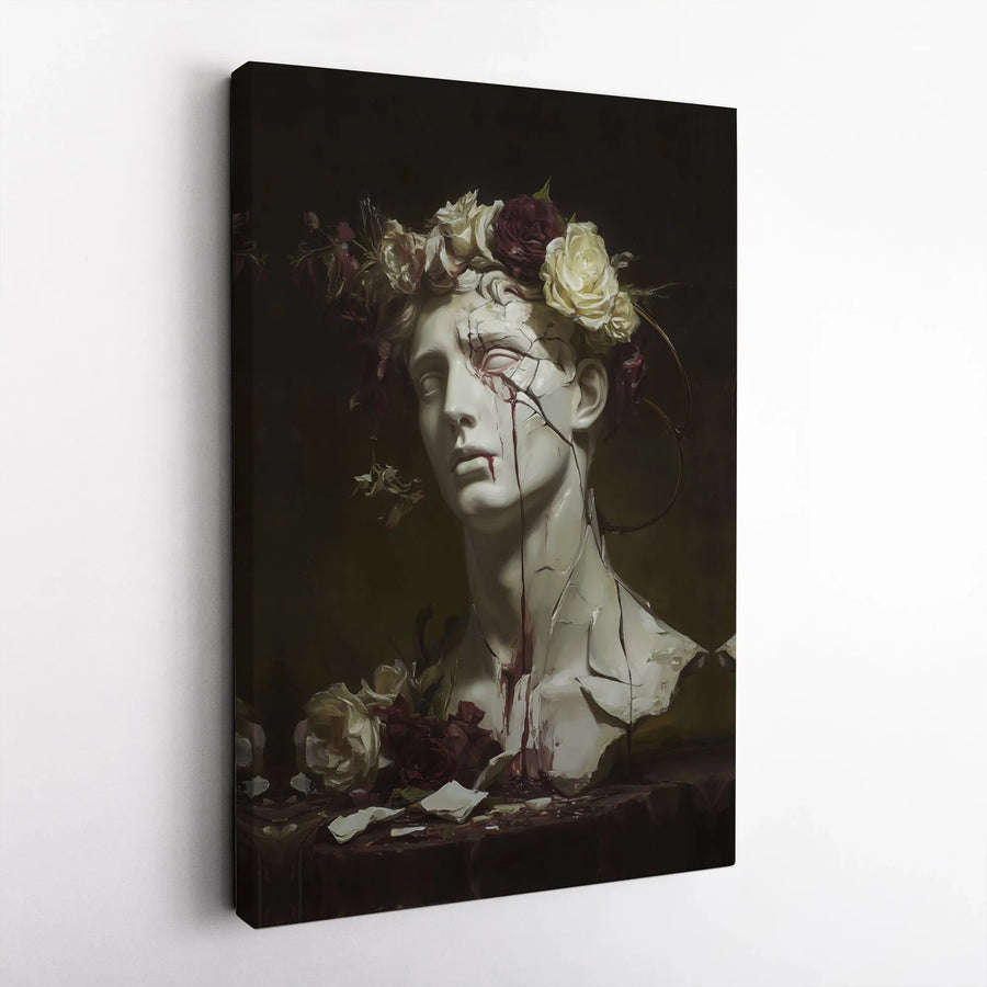 Dark Academia Canvas Print | Cracked Roman Statue with Roses | Premium Gallery Wrapped Canvas | Gothic Home Decor Collector's Gift