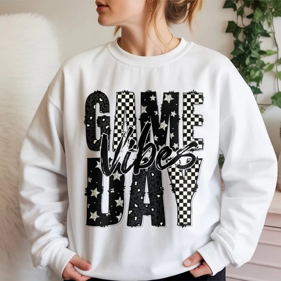 Game Day Vibes Sweatshirt | Checkered Pattern Football Shirt | Premium Cotton Blend | Trendy Fan Apparel Gift for Women & Men