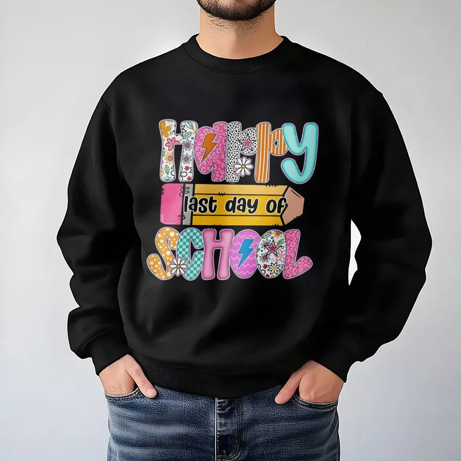 Happy Last Day of School Sweatshirt | Colorful Retro Graphic Sweatshirt | Premium Cotton Blend | End of Year Gift for Teacher
