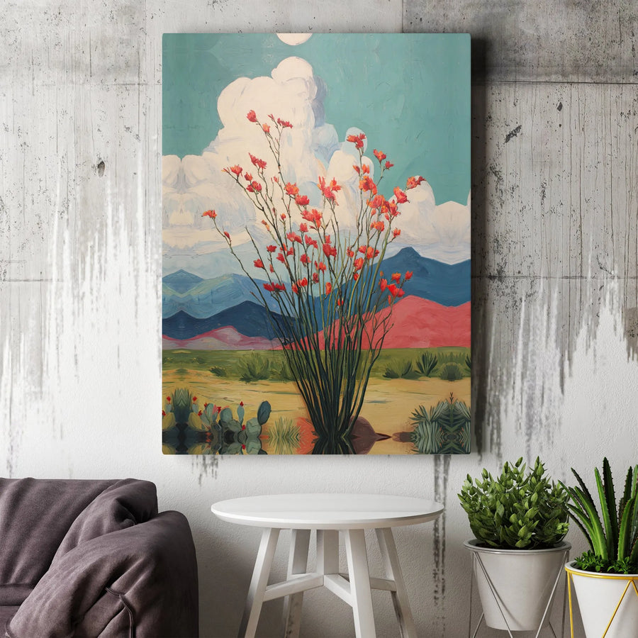 Desert Landscape Canvas Wall Art | Ocotillo Cactus Floral Painting | Premium Gallery Wrap 1.25 Inch | Southwest Home Decor Gift for Her