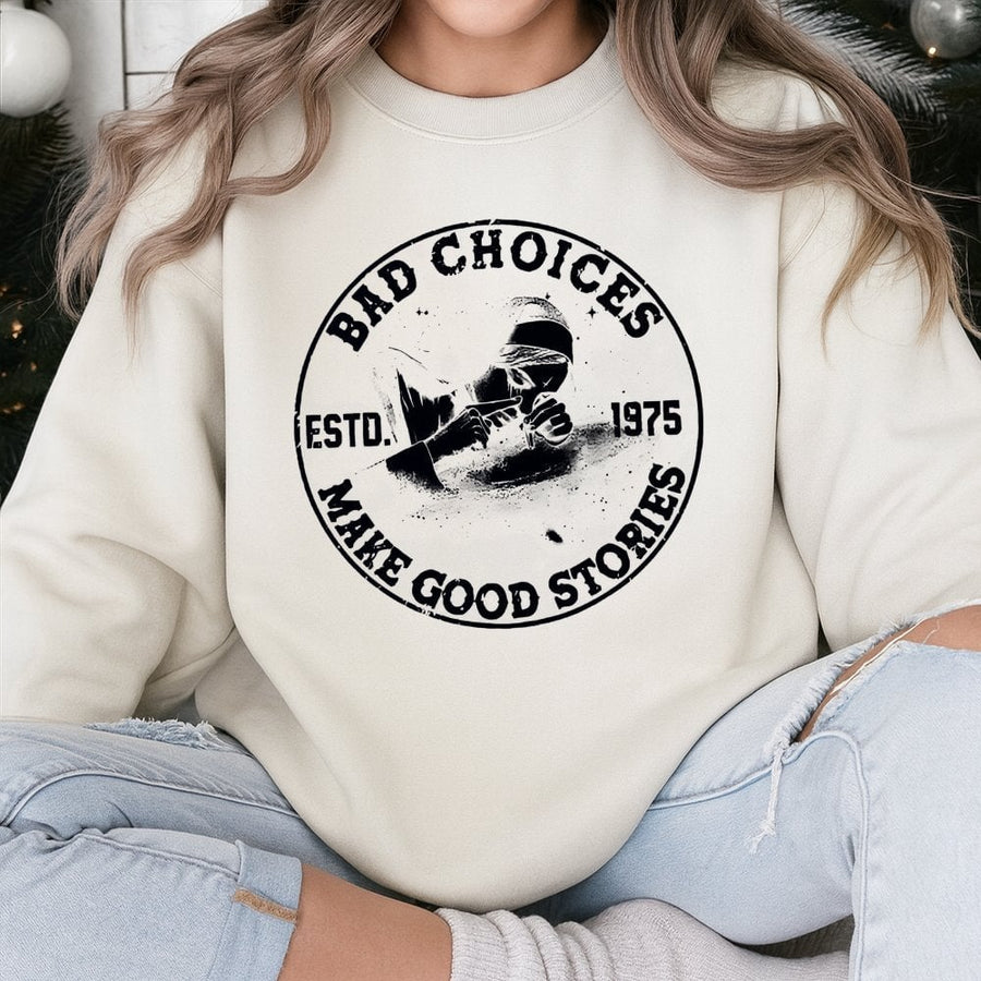 Bad Choices Make Good Stories Sweatshirt | Edgy Smoking Nun Graphic | Premium Cotton Blend | Funny Gift for Friends and Party Lovers