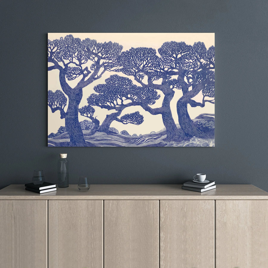 Blue Tree Landscape Canvas Wall Art | Linocut Style Botanical Print | 1.25" Gallery Wrap Premium Canvas | Modern Home Office Decor Gift