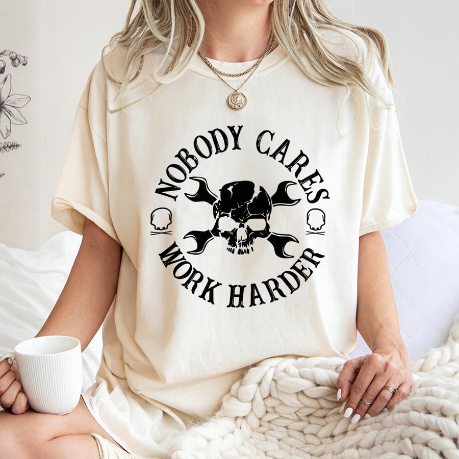 Nobody Cares Work Harder T-Shirt | Skull And Wrench Mechanic Graphic | 100% Cotton Premium Tee | Motivational Gift For Mechanics And Fitness Enthusiasts