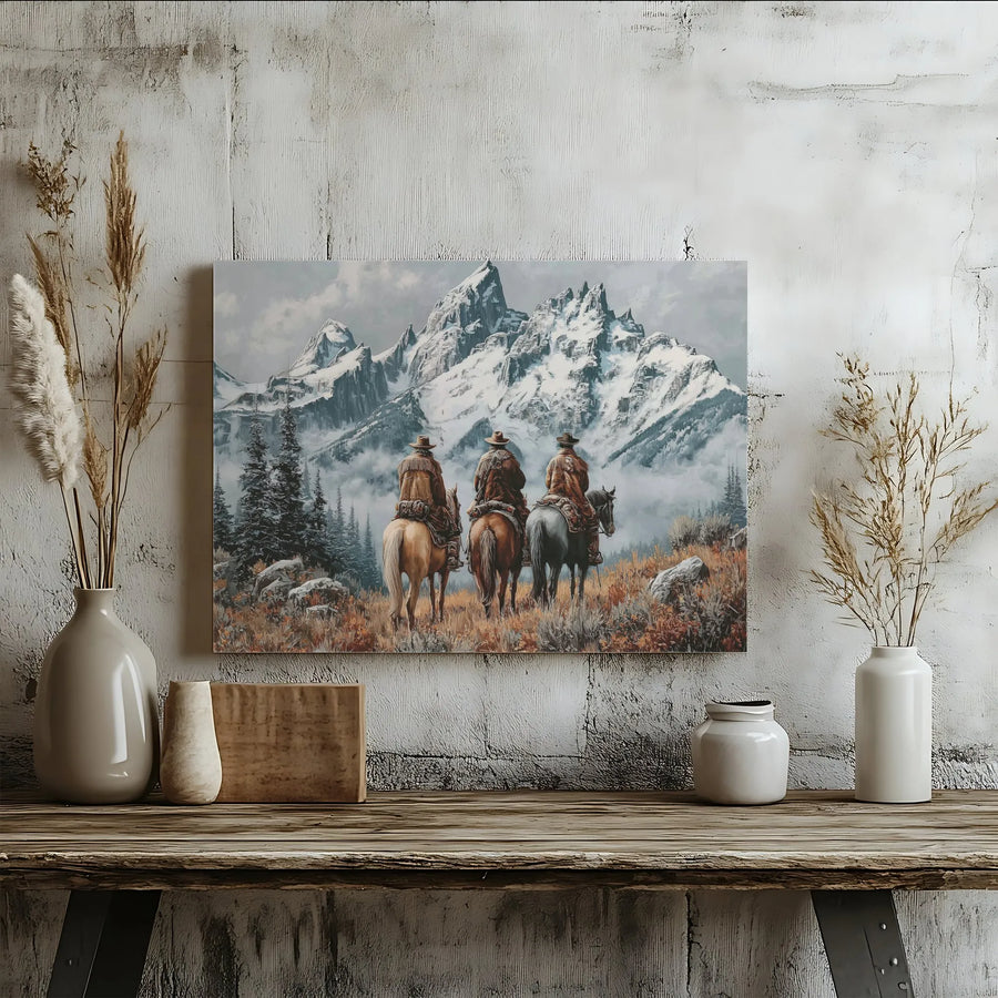 Western Cowboy Wall Art | Three Cowboys Riding Through Snowy Mountains | Premium Gallery-Wrapped Canvas | Rustic Lodge Decor Gift