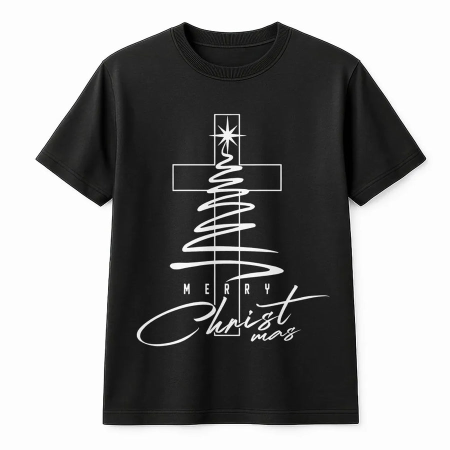Religious Christmas T-Shirt | Minimalist Cross & Tree Design | Premium Soft Cotton | Faith-Based Christian Holiday Gift for Men and Women