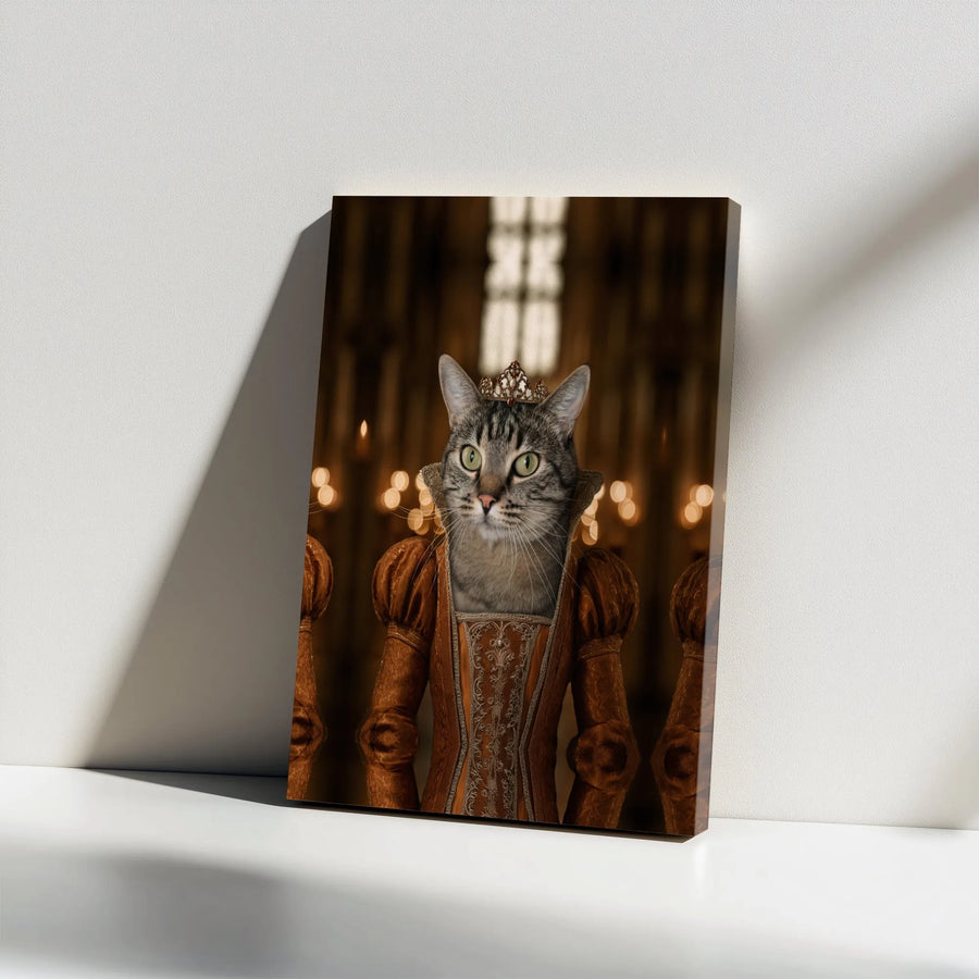 Royal Cat Portrait Canvas Wall Art | Renaissance Tabby Cat Queen with Crown | Premium Gallery Wrapped Canvas | Funny Home Decor Gift for Cat Lovers