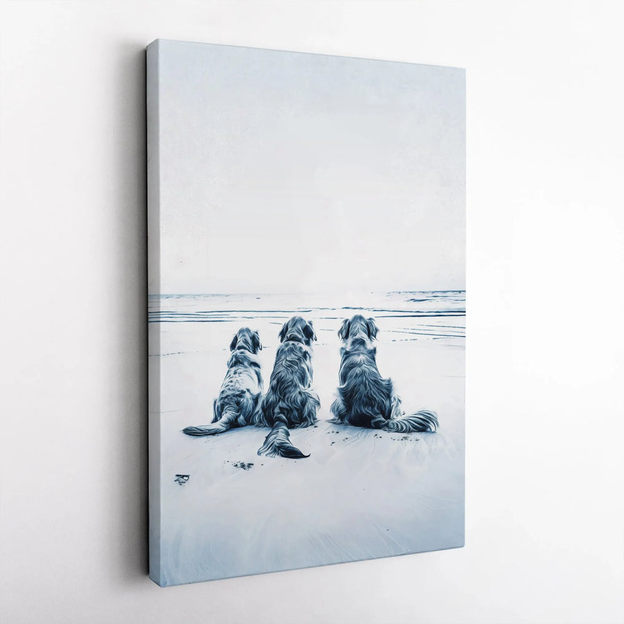 Three Dogs Beach Canvas Print | Artistic Coastal Puppy Wall Art | Premium Gallery Wrapped Decor | Gift for Dog Lovers & Pet Owners