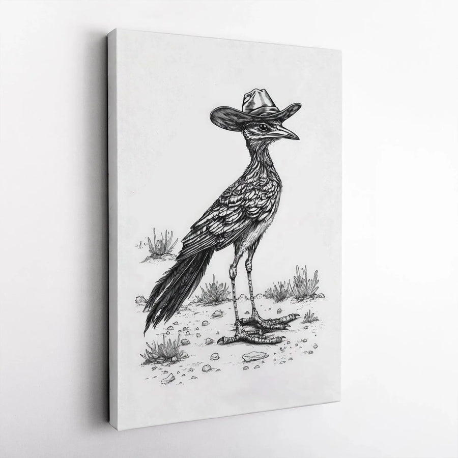 Roadrunner with Cowboy Hat Canvas Art | Western Bird Sketch Print | Premium Gallery Wrapped Canvas | Unique Southwestern Home Decor Gift