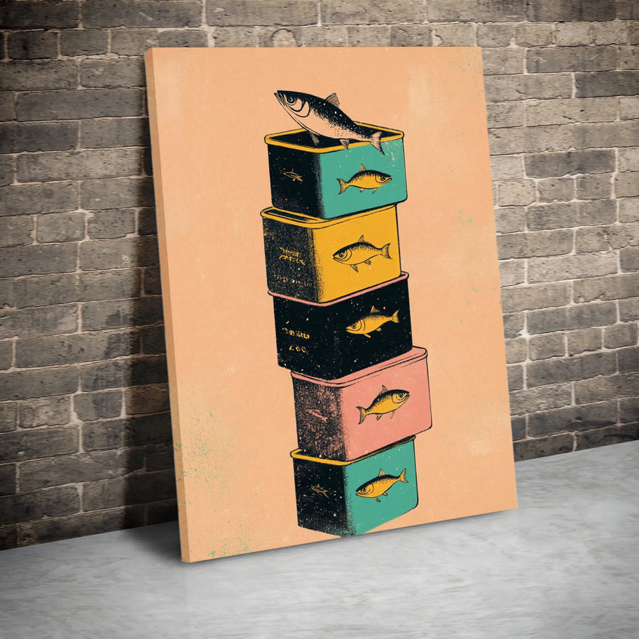 Stacked Sardine Tins Wall Art | Retro Coastal Kitchen Print | Premium Gallery Wrapped Canvas | Whimsical Foodie Home Decor Gift