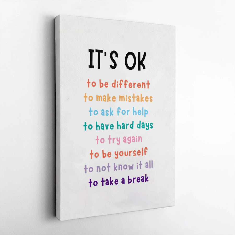 It's Okay To Be Different Canvas Print | Colorful Motivational Quote Wall Art | Premium Gallery Wrapped Decor | Mental Health Awareness Gift