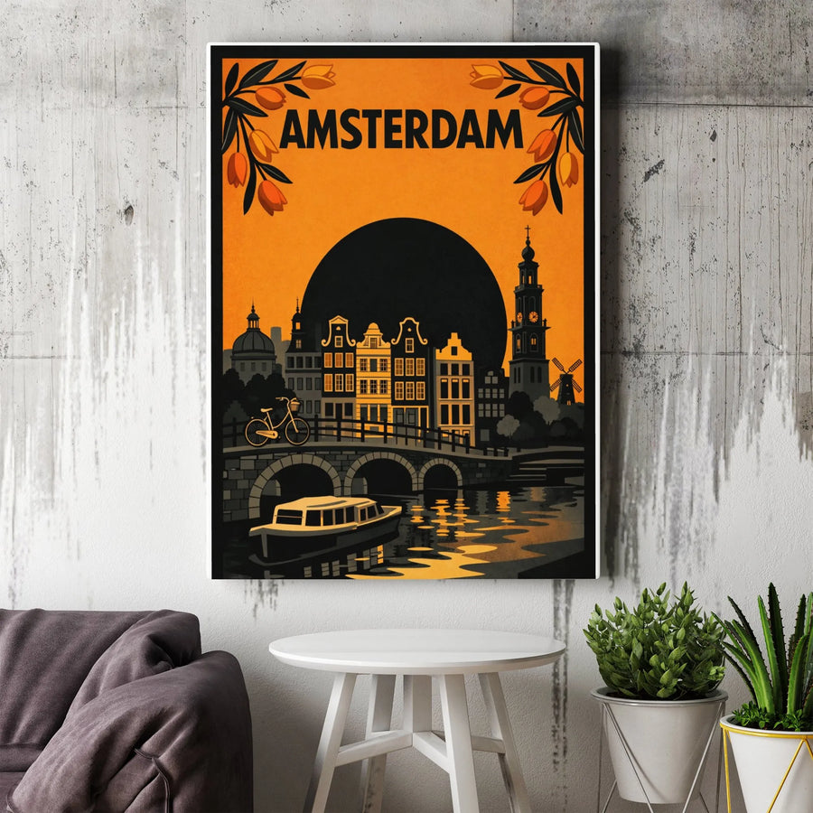 Amsterdam Canvas Wall Art | Retro Netherlands Travel Poster Print | Premium 1.25" Thick Gallery Canvas | Home Decor Gift for Traveler