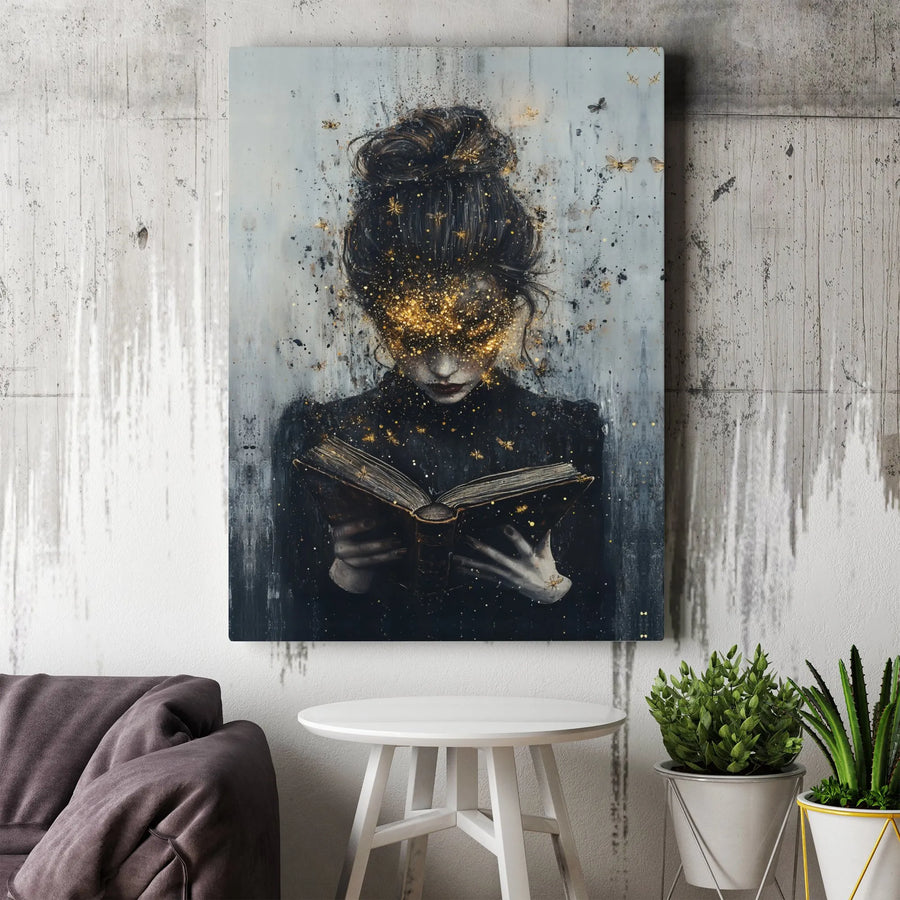 Surreal Woman Reading Canvas Art | Golden Glitter Moth Illustration | Premium Gallery Wrapped Print | Moody Gothic Bookish Wall Decor