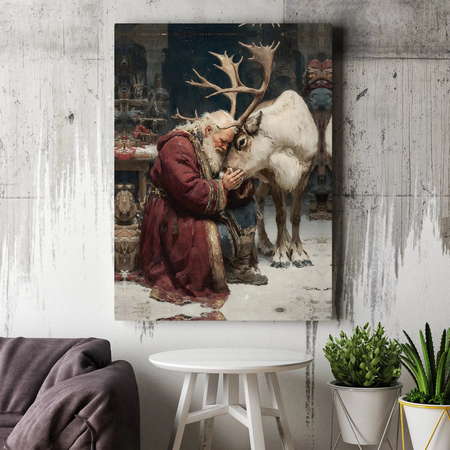 Vintage Santa And Reindeer Canvas Wall Art | Whimsical Christmas Painting Print | Premium Gallery-Wrapped Gallery Quality | Holiday Home Decor Gift