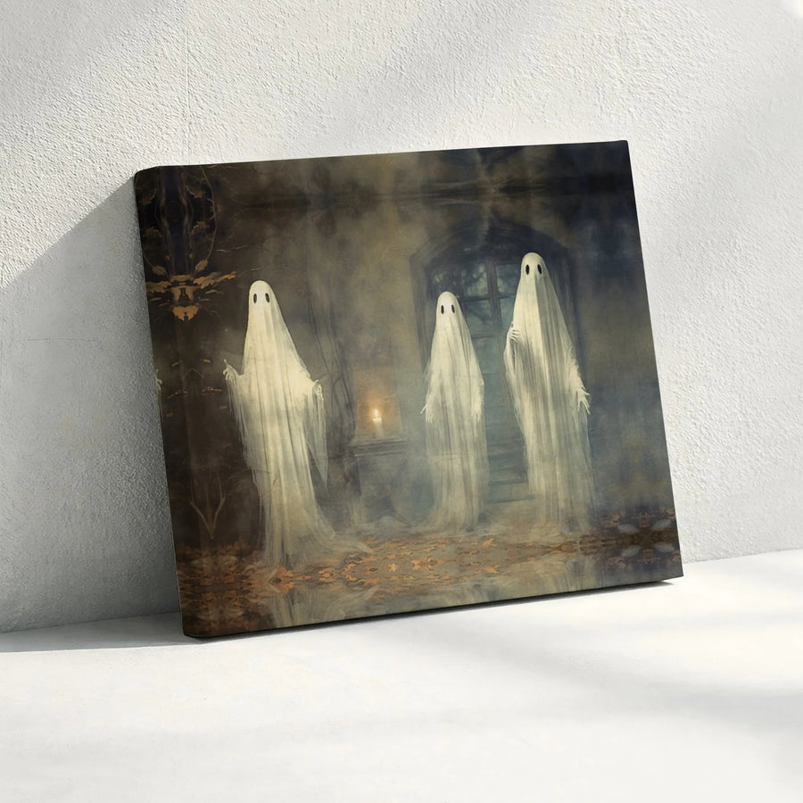 Three Ghosts Canvas Wall Art | Spooky Victorian Manor Painting | Gallery Wrapped Premium Print | Gothic Home Decor Gift For Halloween