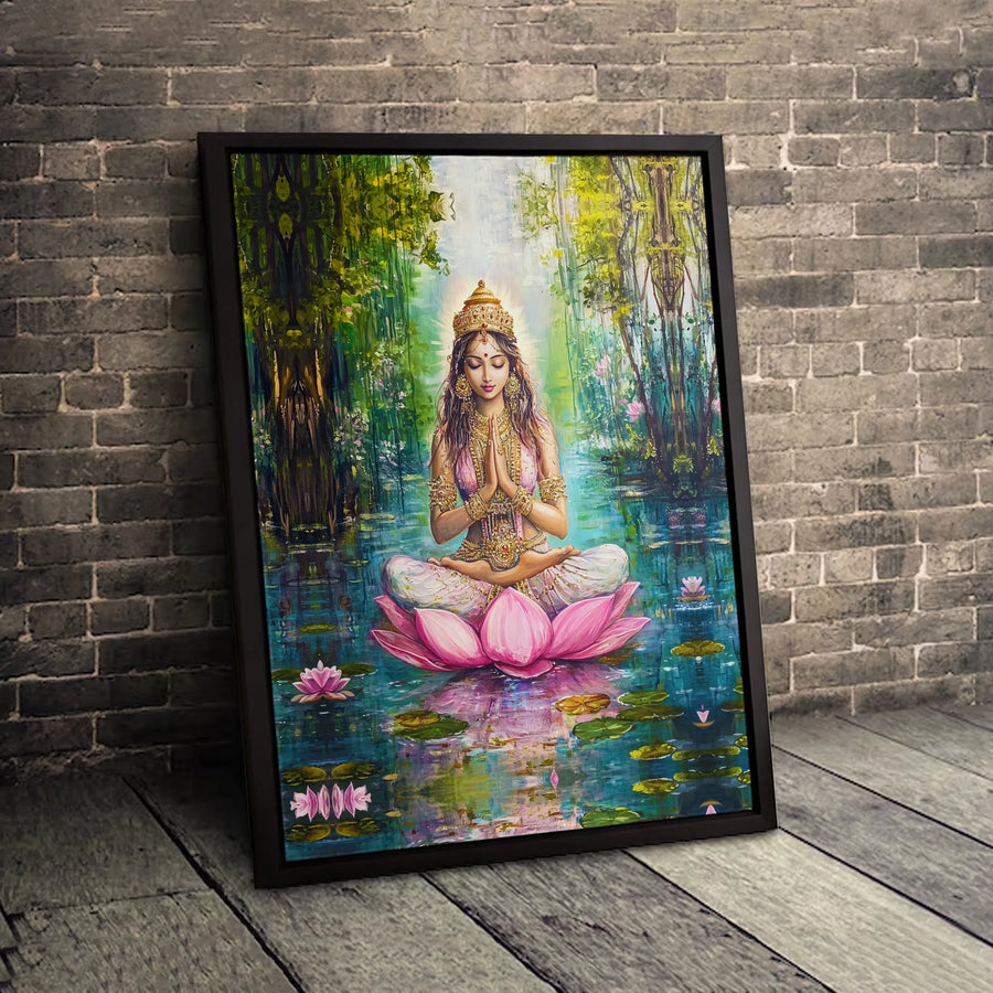 Meditating Goddess Wall Art | Spiritual Lotus Flower Canvas Print | Gallery Quality 1.25 Inch Profile | Zen Decor for Yoga Studio or Home Office