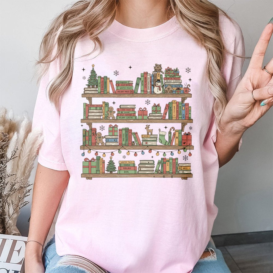 Christmas Bookshelf T-Shirt | Festive Book Lover Graphic Tee | 100% Cotton Premium Quality | Unique Holiday Gift for Readers and Librarians
