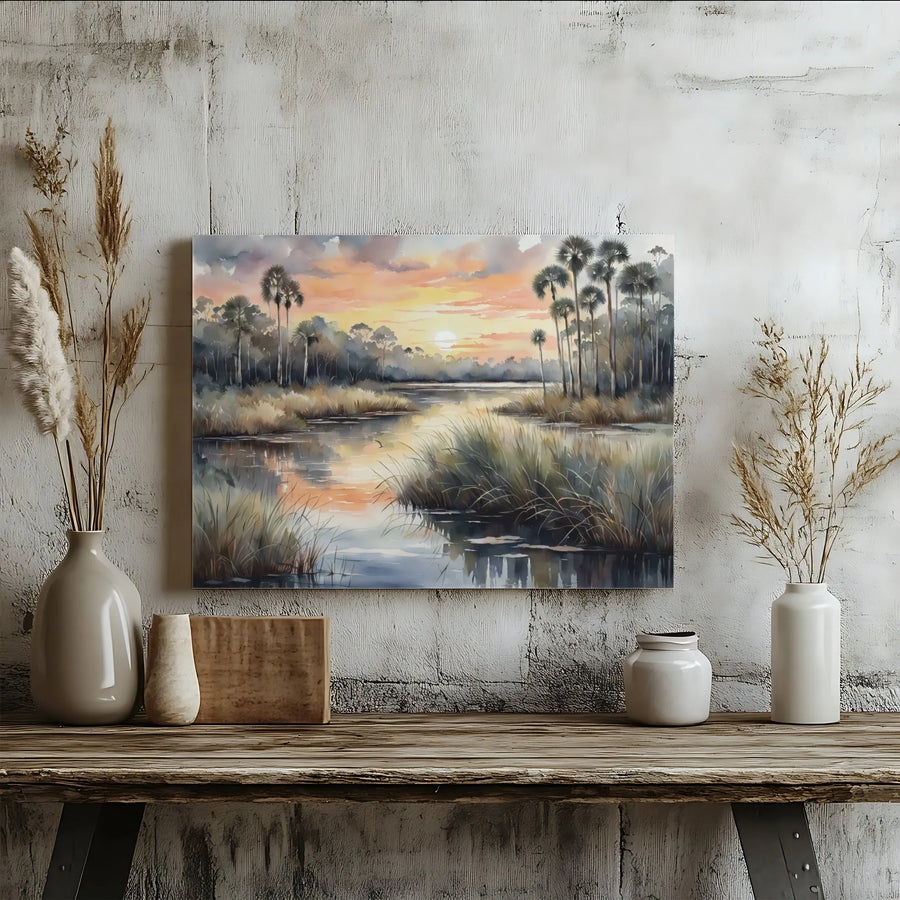 Florida Marsh Sunset Canvas Art | Watercolor Palm Tree Landscape Print | Premium Gallery-Wrapped Wall Decor | Coastal Home Office Gift