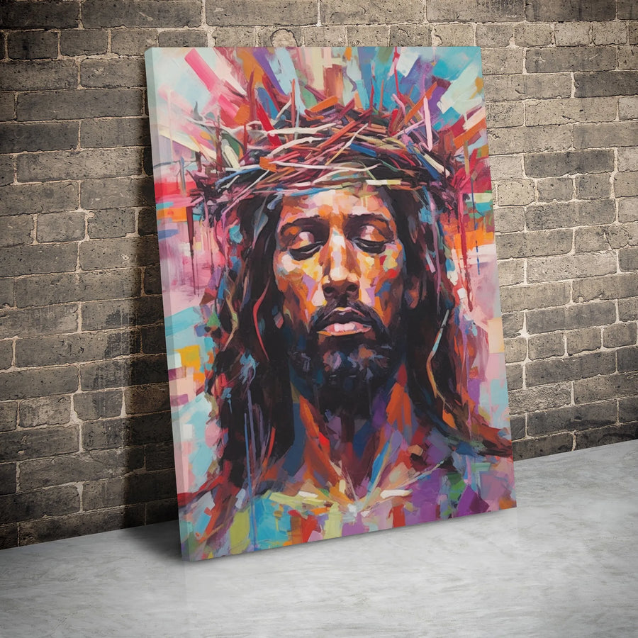 Jesus Crown Of Thorns Canvas Wall Art | Colorful Abstract Religious Portrait | Gallery Wrapped Premium Print | Spiritual Home Decor Gift