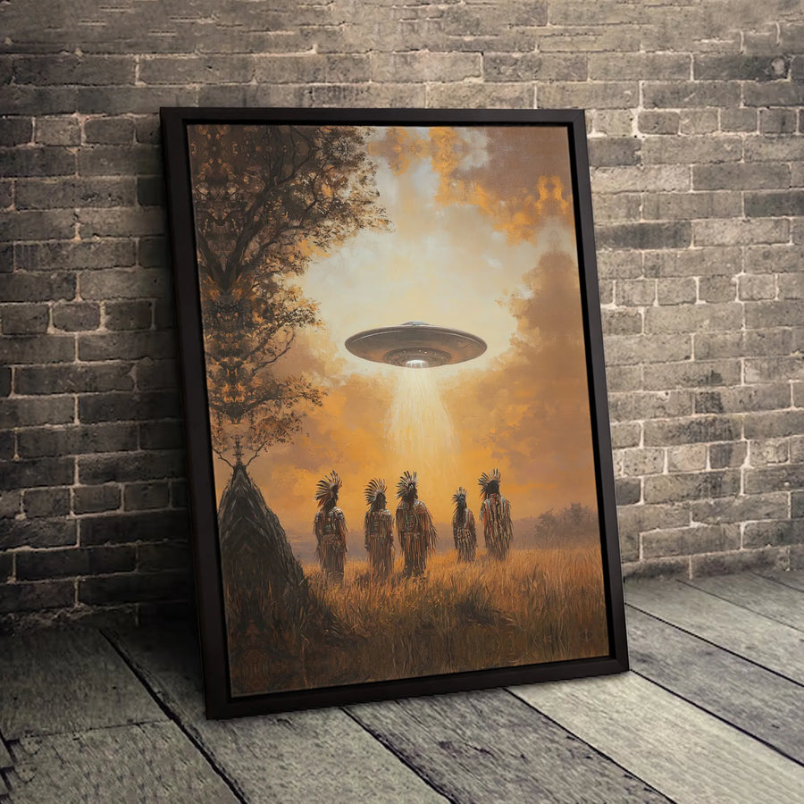 Native American Alien Encounter Canvas | UFO Sci-Fi Surreal Art | Premium Fade-Resistant Wall Decor | Gift for Space and History Enthusiasts